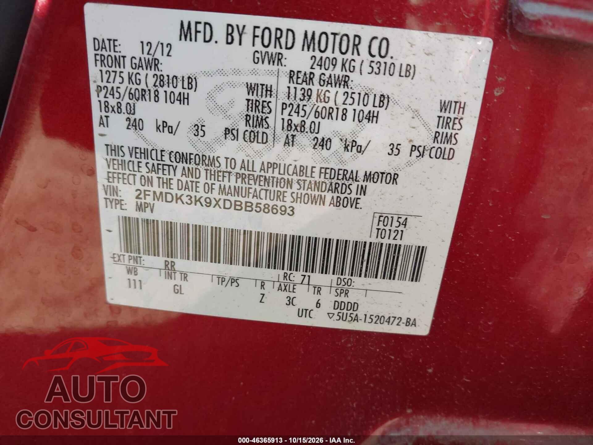 FORD EDGE 2013 - 2FMDK3K9XDBB58693
