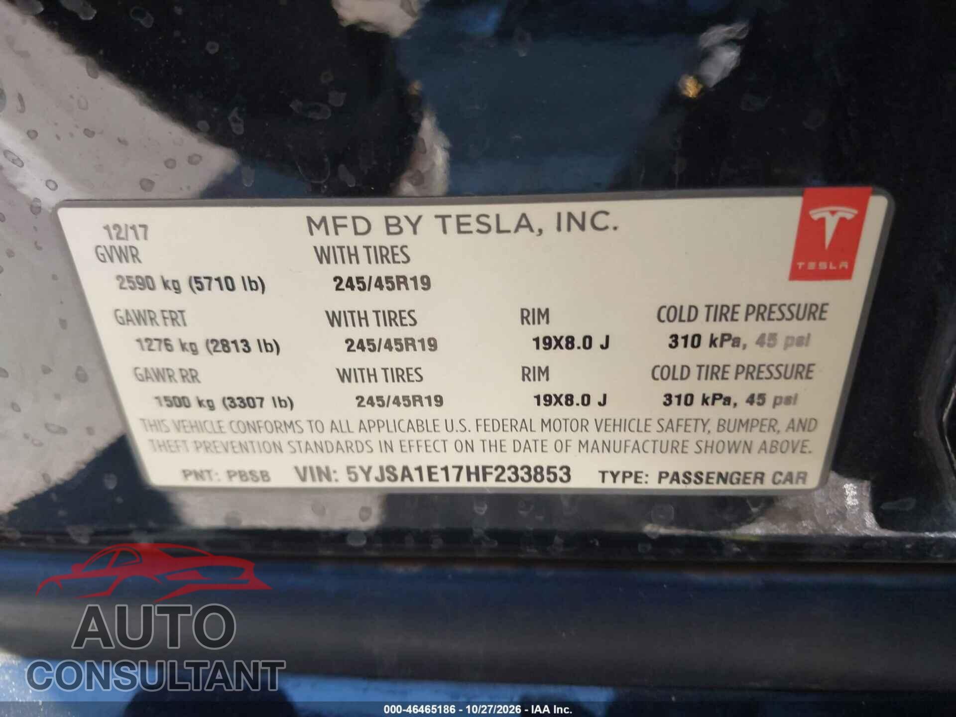 TESLA MODEL S 2017 - 5YJSA1E17HF233853