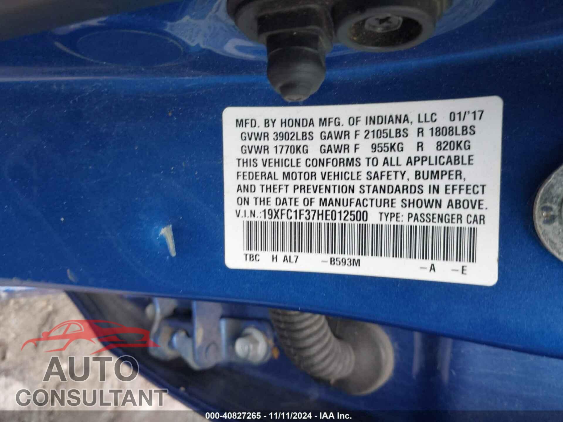 HONDA CIVIC 2017 - 19XFC1F37HE012500