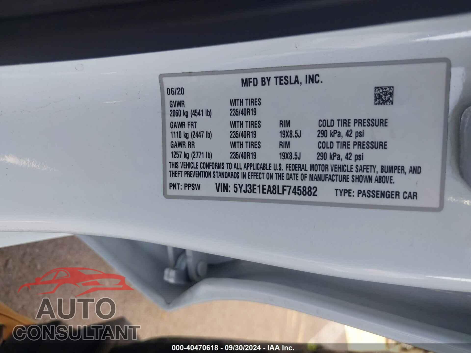 TESLA MODEL 3 2020 - 5YJ3E1EA8LF745882