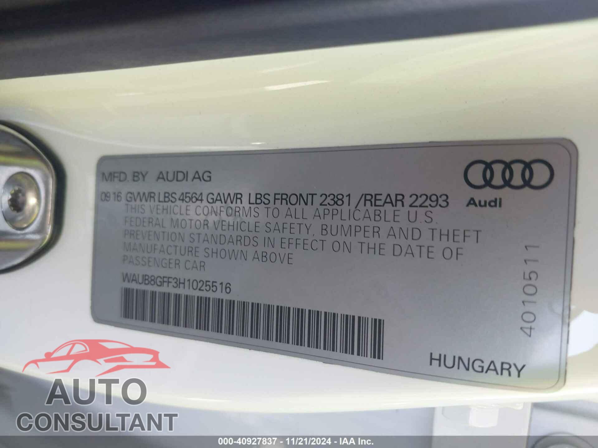 AUDI A3 2017 - WAUB8GFF3H1025516