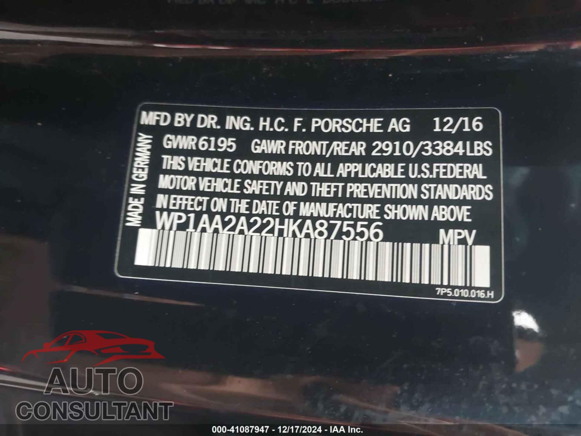 PORSCHE CAYENNE 2017 - WP1AA2A22HKA87556