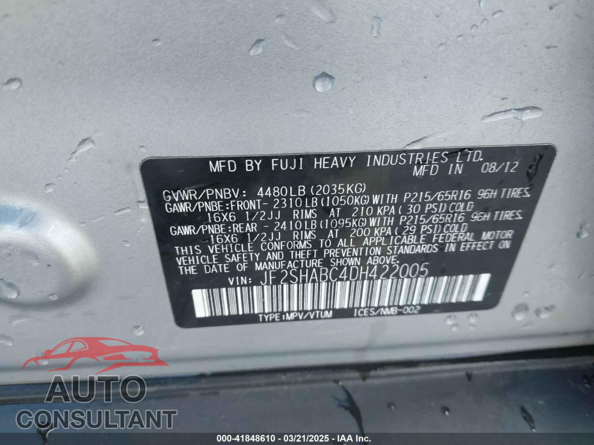 SUBARU FORESTER 2013 - JF2SHABC4DH422005