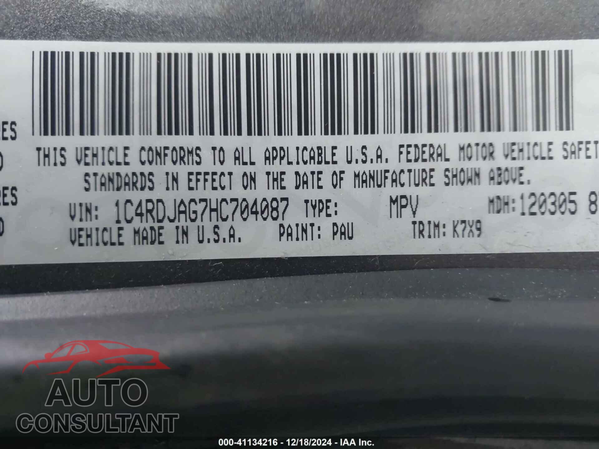 DODGE DURANGO 2017 - 1C4RDJAG7HC704087
