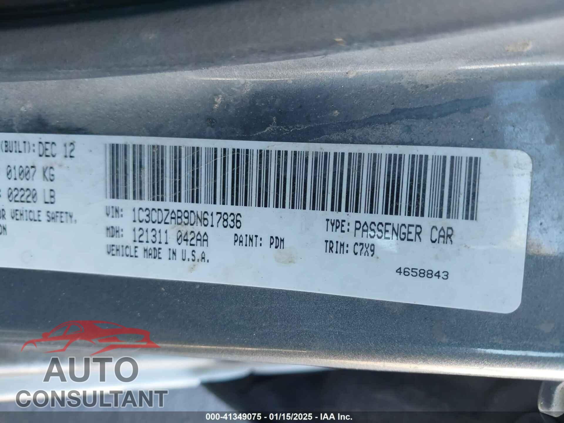 DODGE AVENGER 2013 - 1C3CDZAB9DN617836