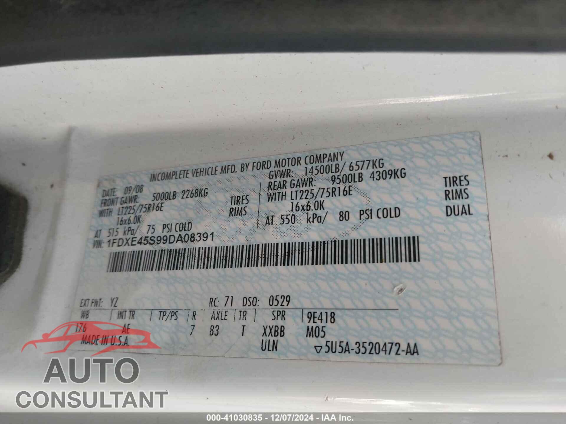 FORD E-450 CUTAWAY 2009 - 1FDXE45S99DA08391