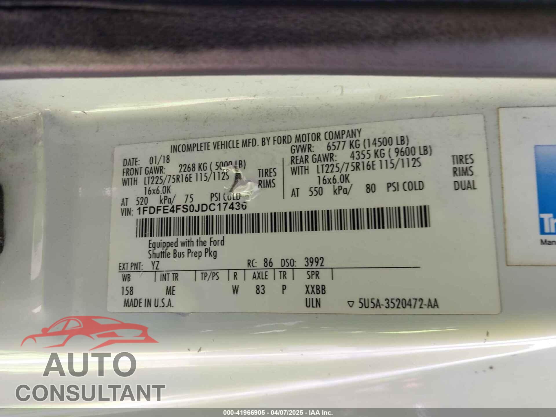 FORD E-450 CUTAWAY 2018 - 1FDFE4FS0JDC17436