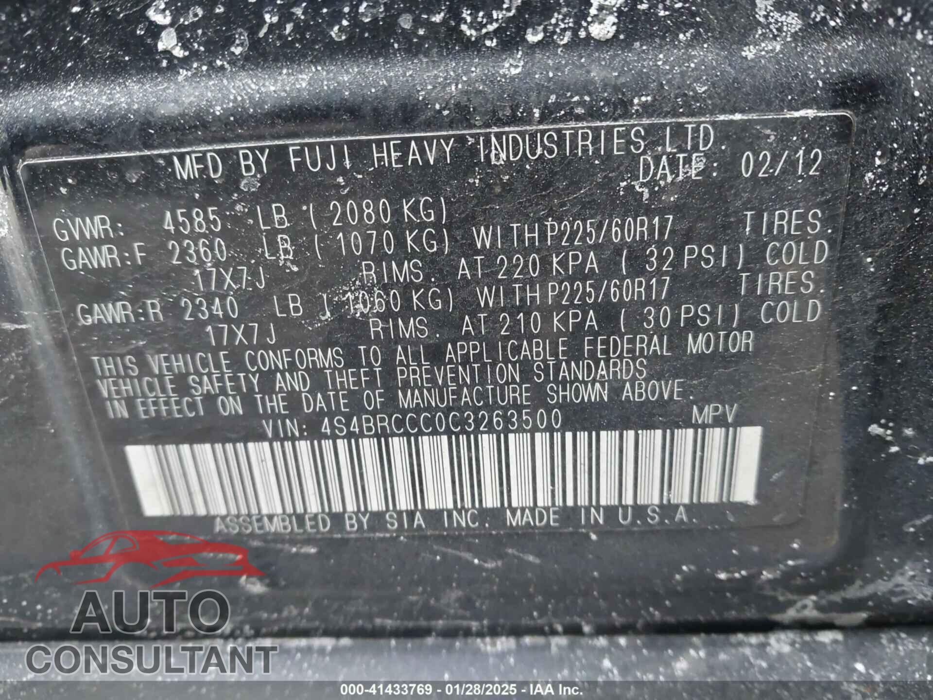 SUBARU OUTBACK 2012 - 4S4BRCCC0C3263500