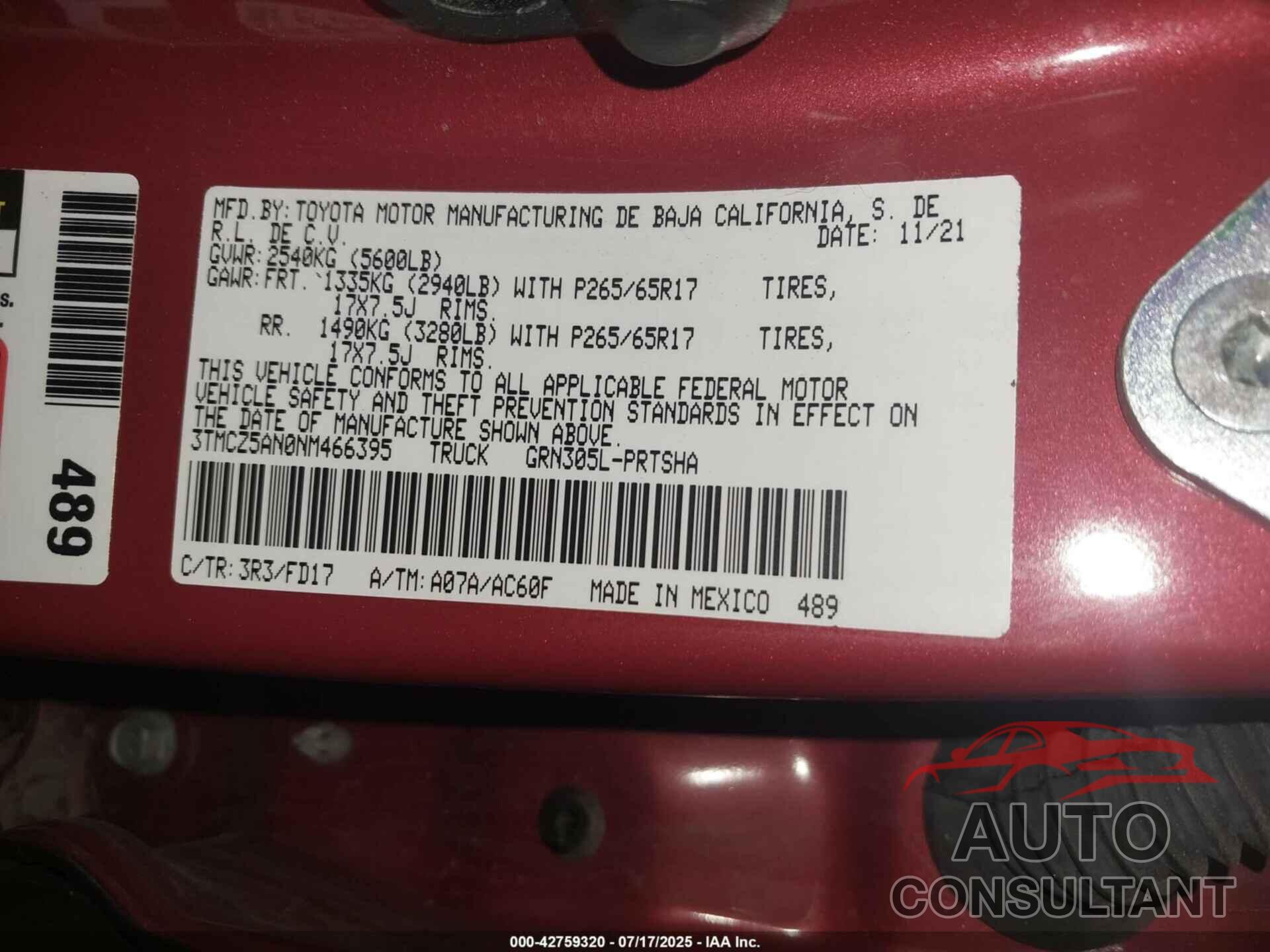 TOYOTA TACOMA 2022 - 3TMCZ5AN0NM466395