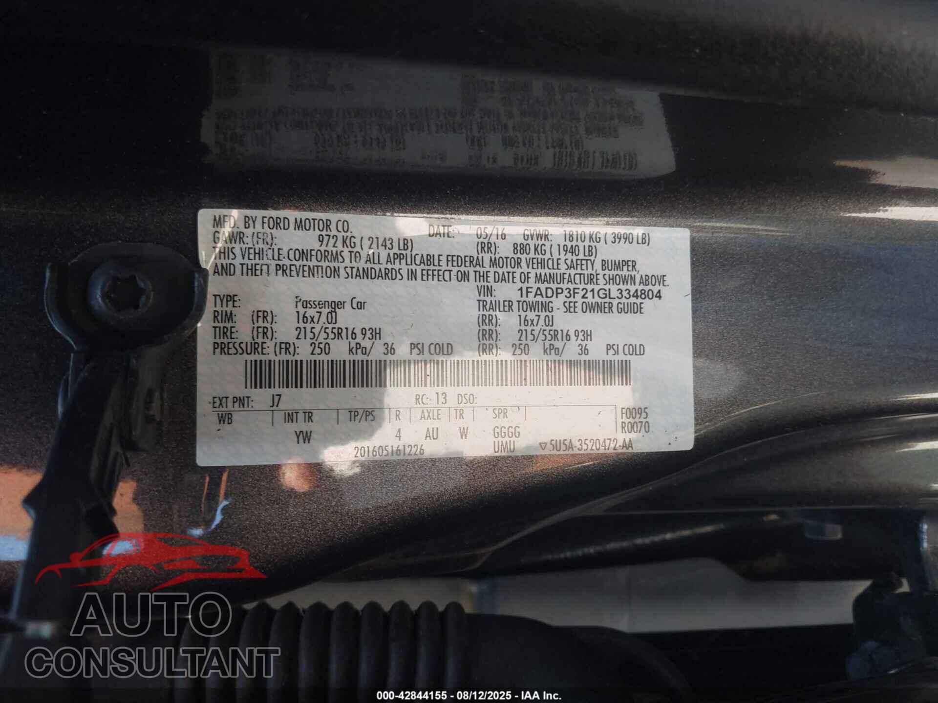 FORD FOCUS 2016 - 1FADP3F21GL334804