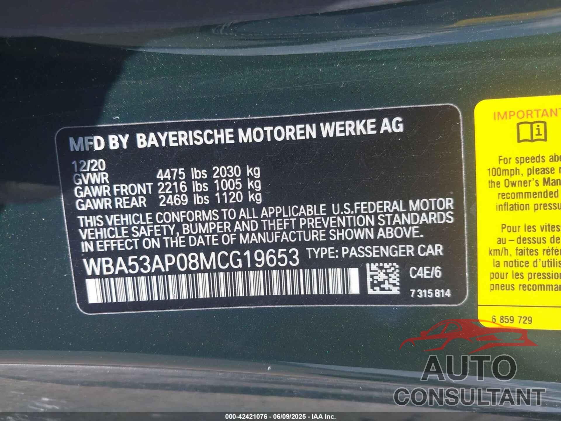 BMW 4 SERIES 2021 - WBA53AP08MCG19653