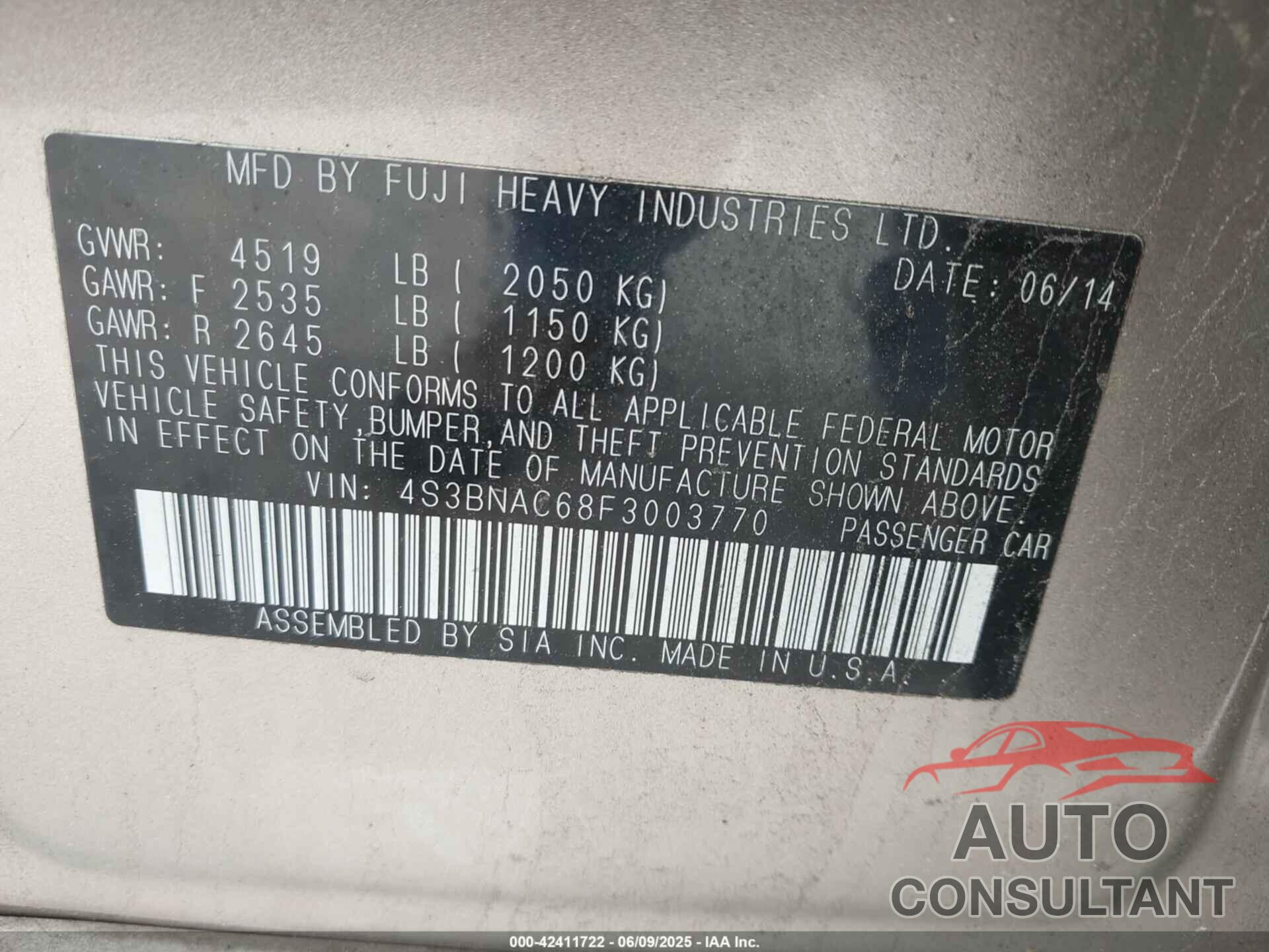 SUBARU LEGACY 2015 - 4S3BNAC68F3003770