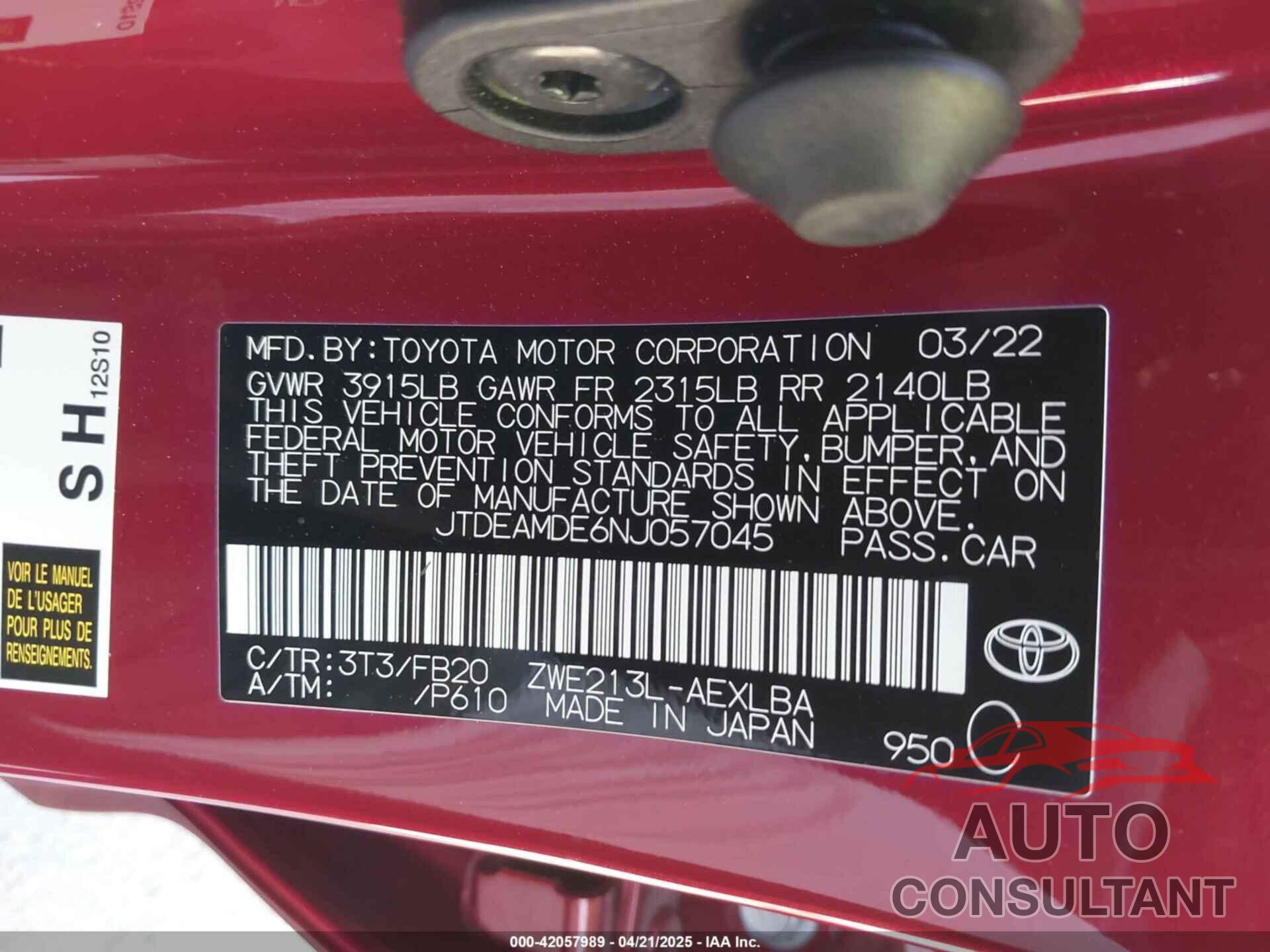 TOYOTA COROLLA 2022 - JTDEAMDE6NJ057045