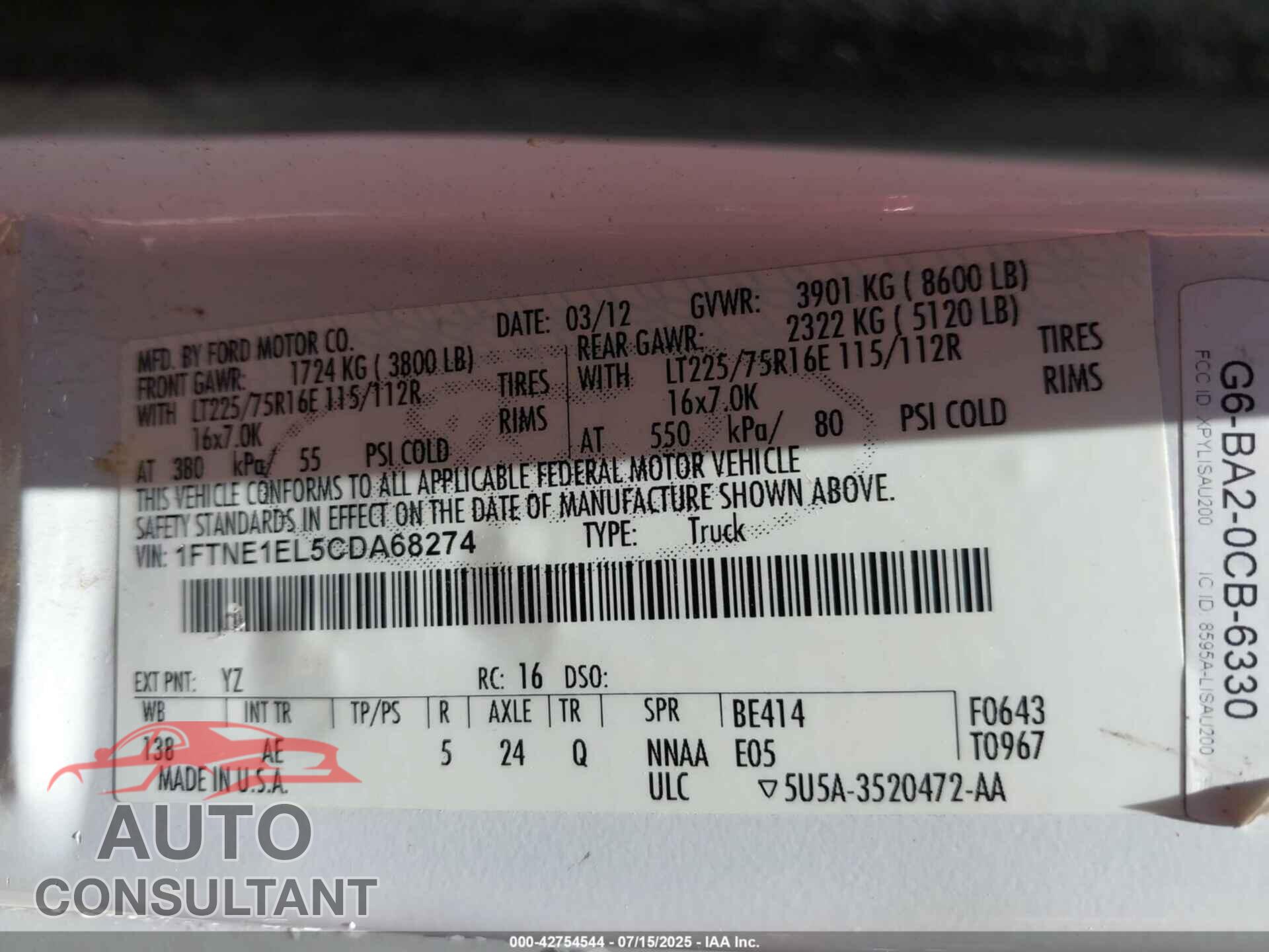 FORD E-150 2012 - 1FTNE1EL5CDA68274