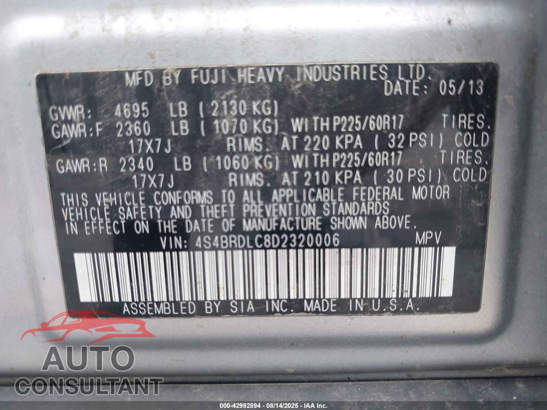 SUBARU OUTBACK 2013 - 4S4BRDLC8D2320006
