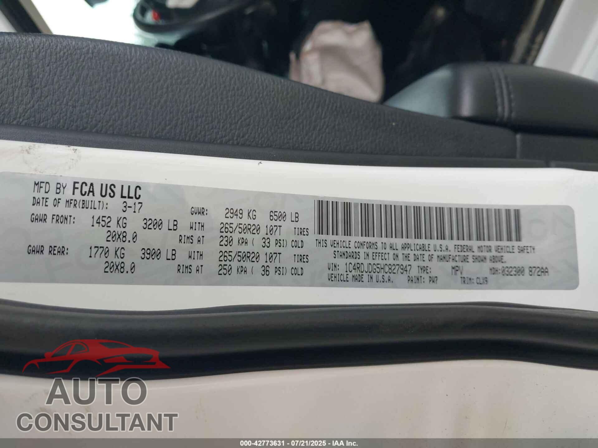DODGE DURANGO 2017 - 1C4RDJDG5HC827947
