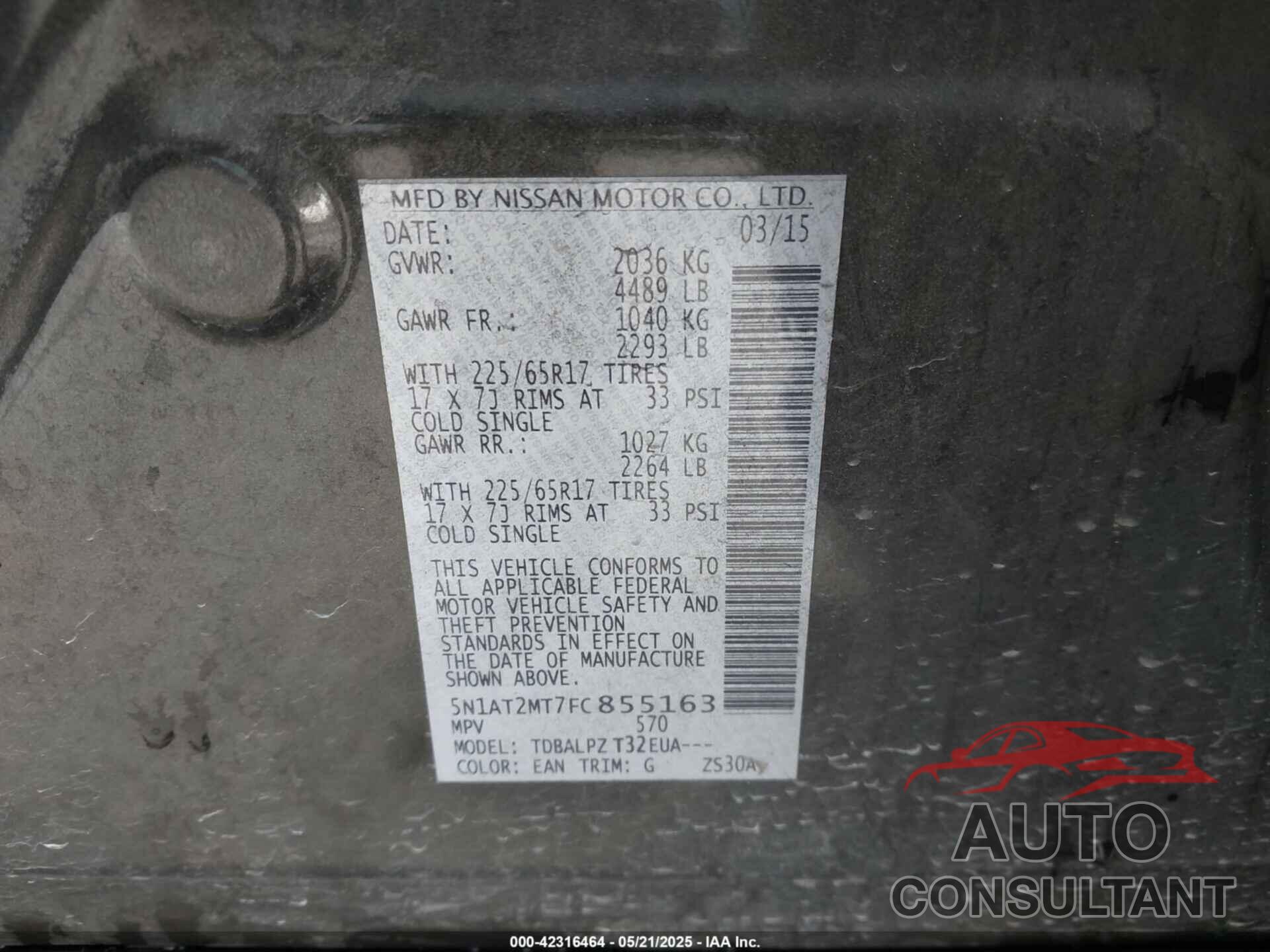 NISSAN ROGUE 2015 - 5N1AT2MT7FC855163