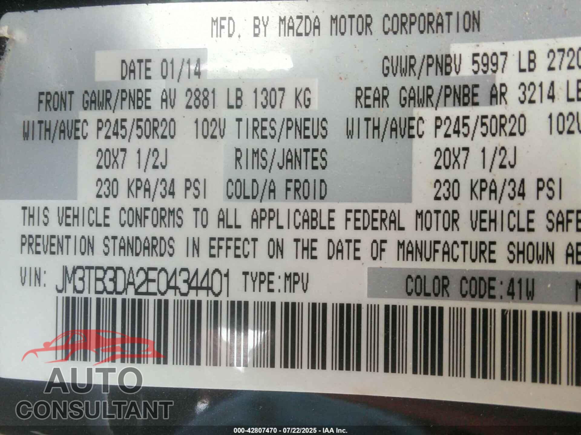 MAZDA CX-9 2014 - JM3TB3DA2E0434401