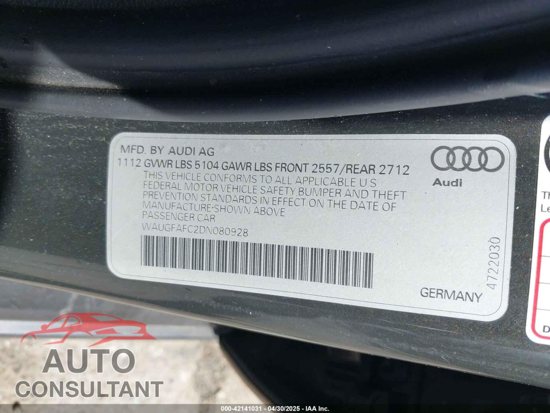 AUDI A6 2013 - WAUGFAFC2DN080928