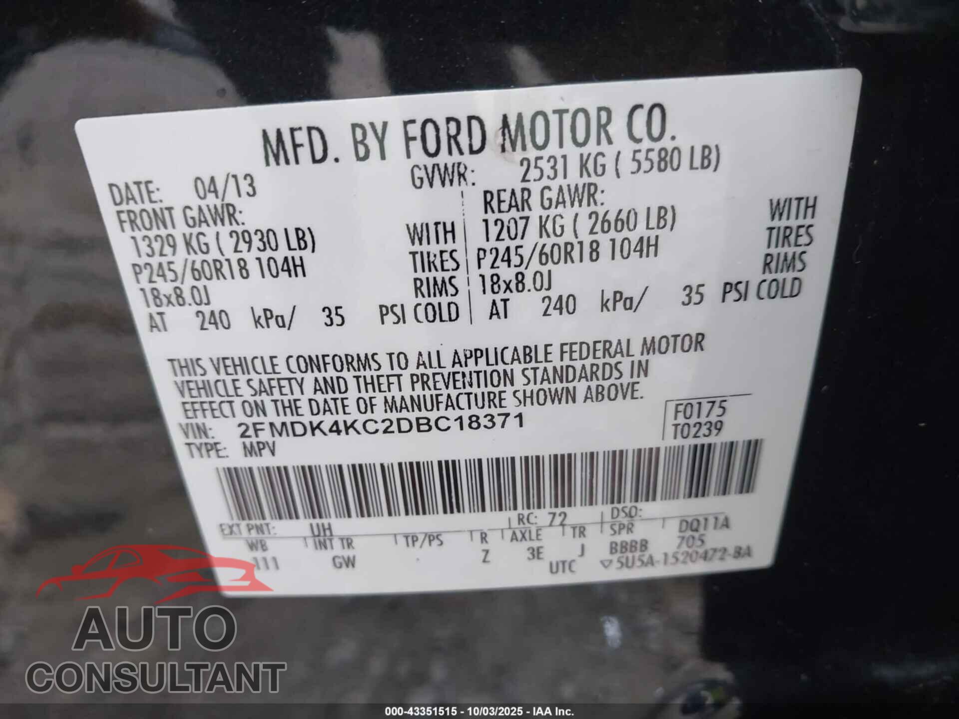 FORD EDGE 2013 - 2FMDK4KC2DBC18371