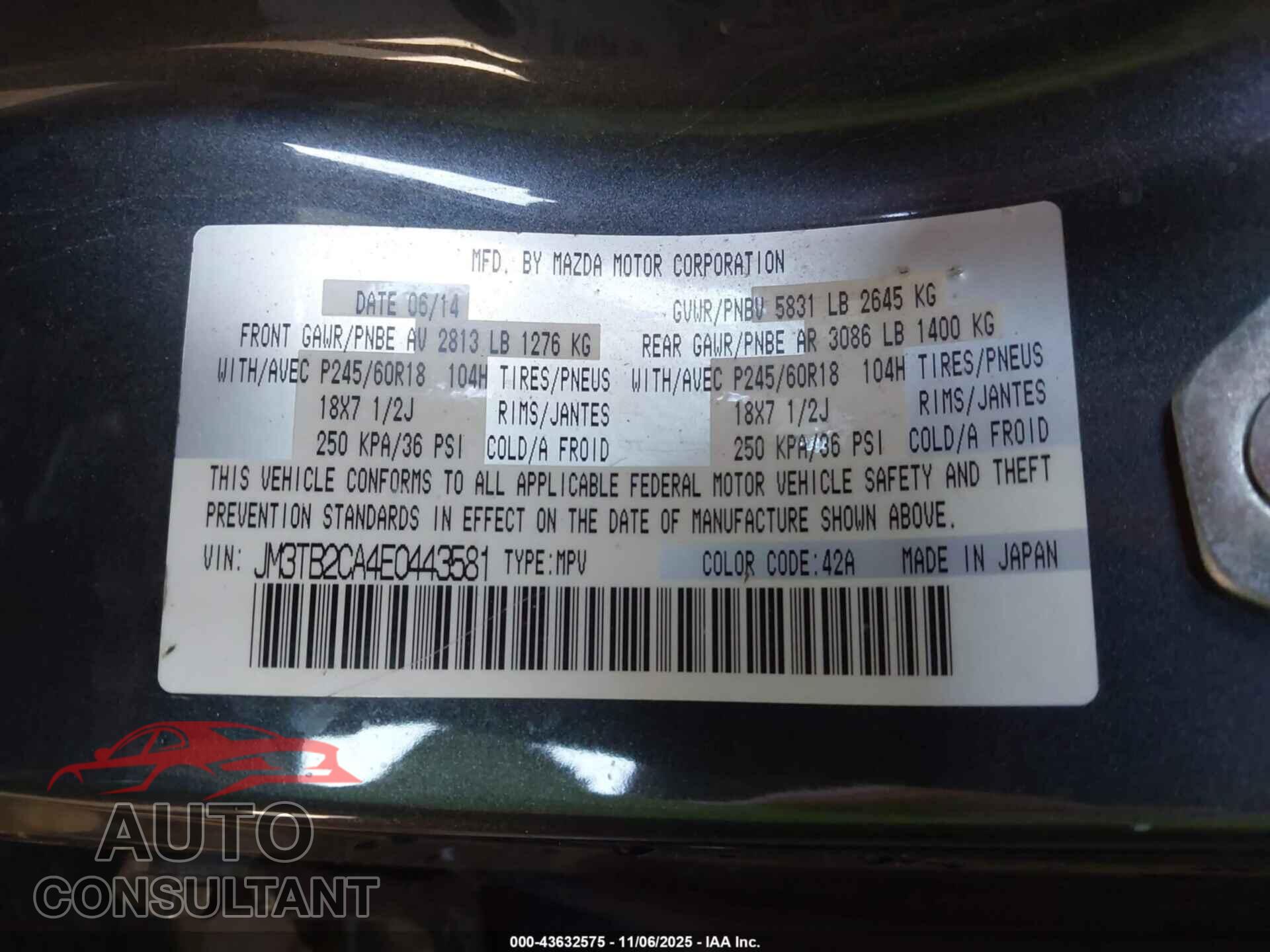 MAZDA CX-9 2014 - JM3TB2CA4E0443581