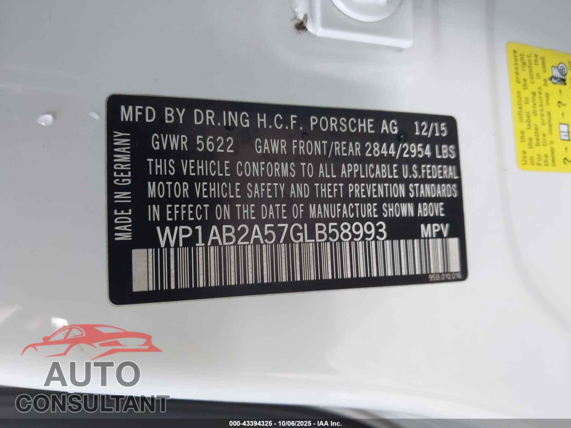 PORSCHE MACAN 2016 - WP1AB2A57GLB58993