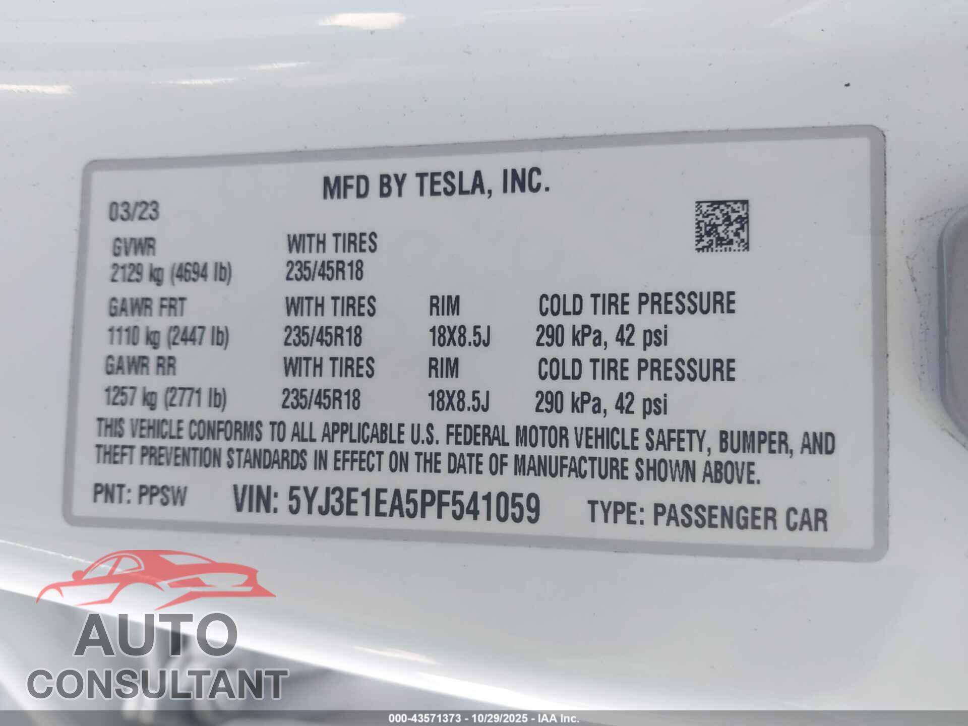 TESLA MODEL 3 2023 - 5YJ3E1EA5PF541059