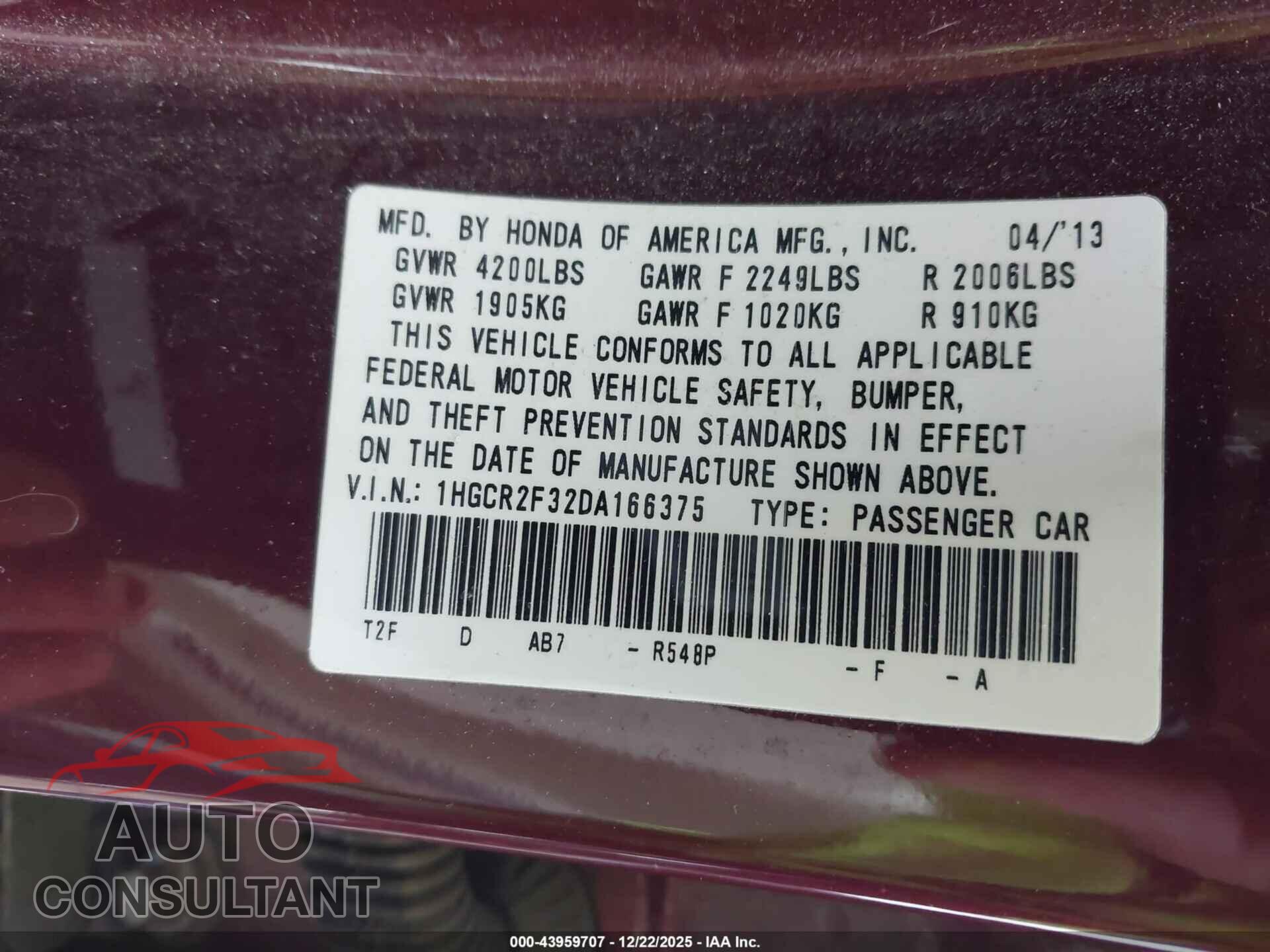 HONDA ACCORD 2013 - 1HGCR2F32DA166375