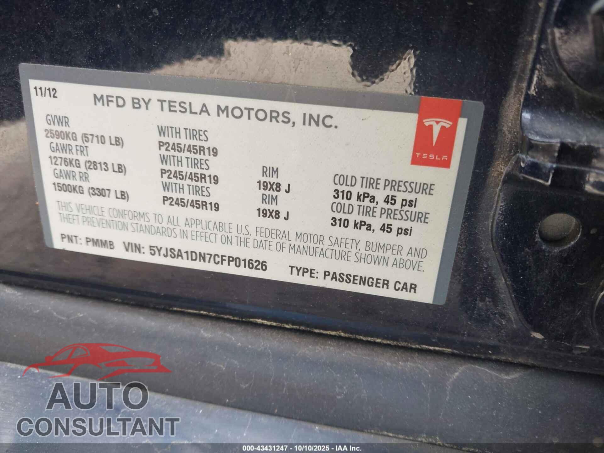 TESLA MODEL S 2012 - 5YJSA1DN7CFP01626
