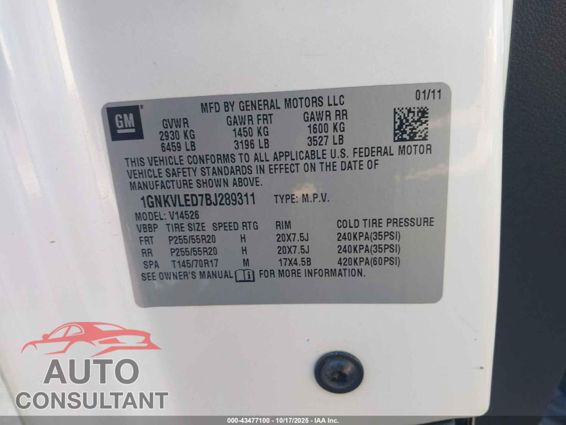 CHEVROLET TRAVERSE 2011 - 1GNKVLED7BJ289311