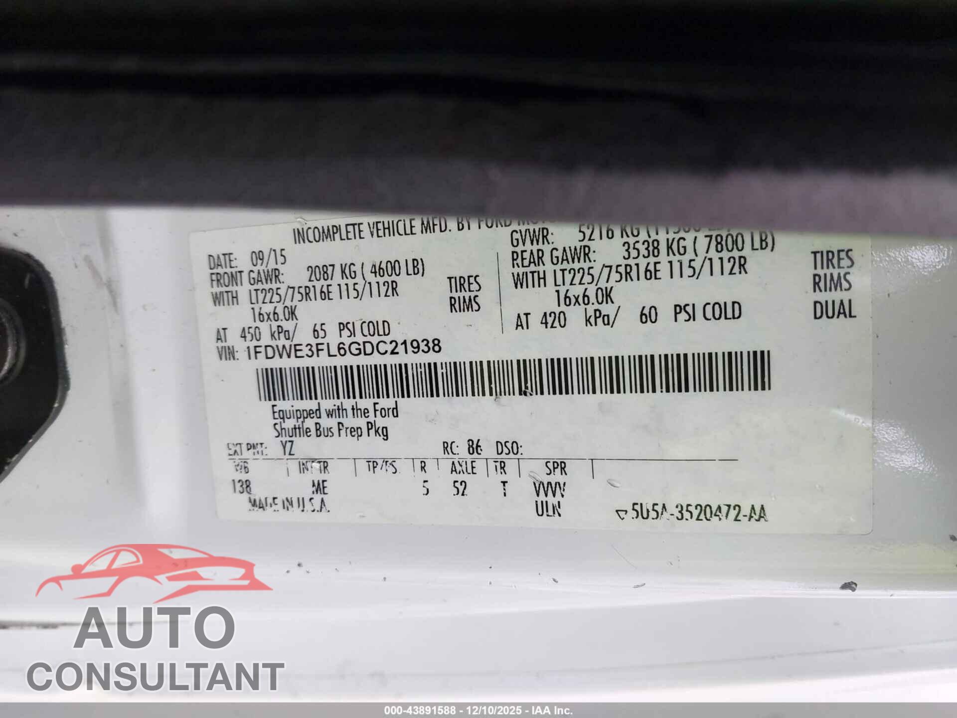 FORD E-350 CUTAWAY 2015 - 1FDEE3FL7FDA34542