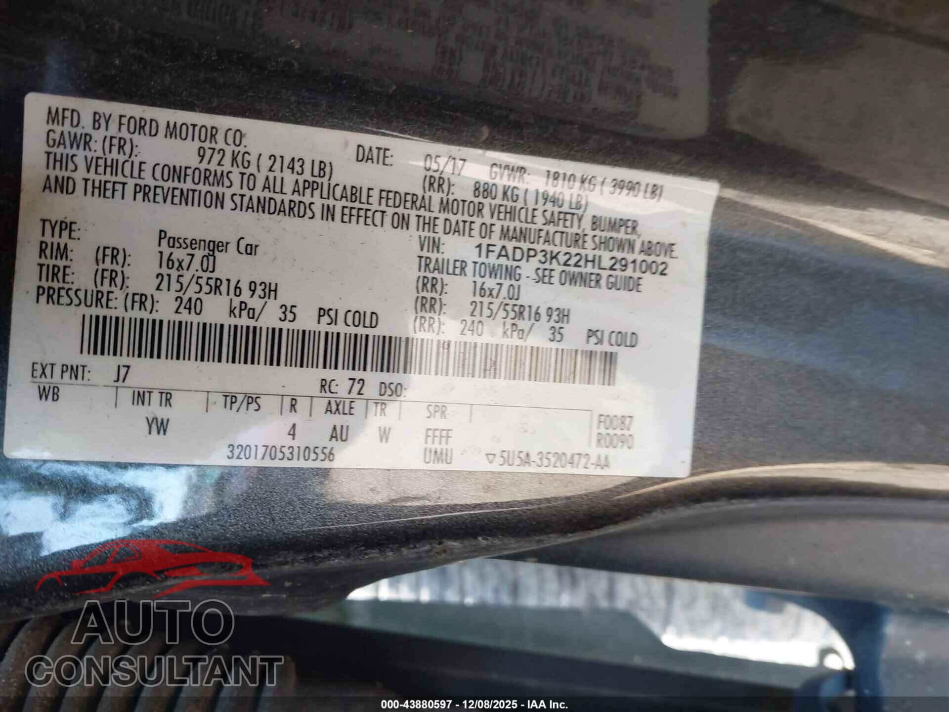 FORD FOCUS 2017 - 1FADP3K22HL291002