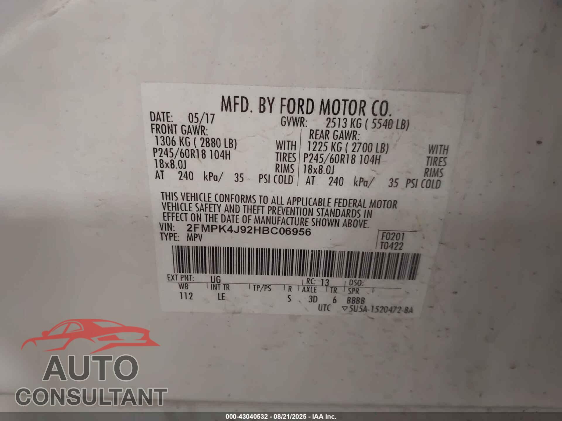 FORD EDGE 2017 - 2FMPK4J92HBC06956