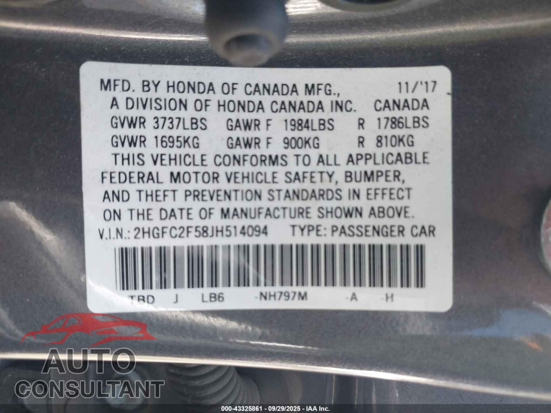 HONDA CIVIC 2018 - 2HGFC2F58JH514094
