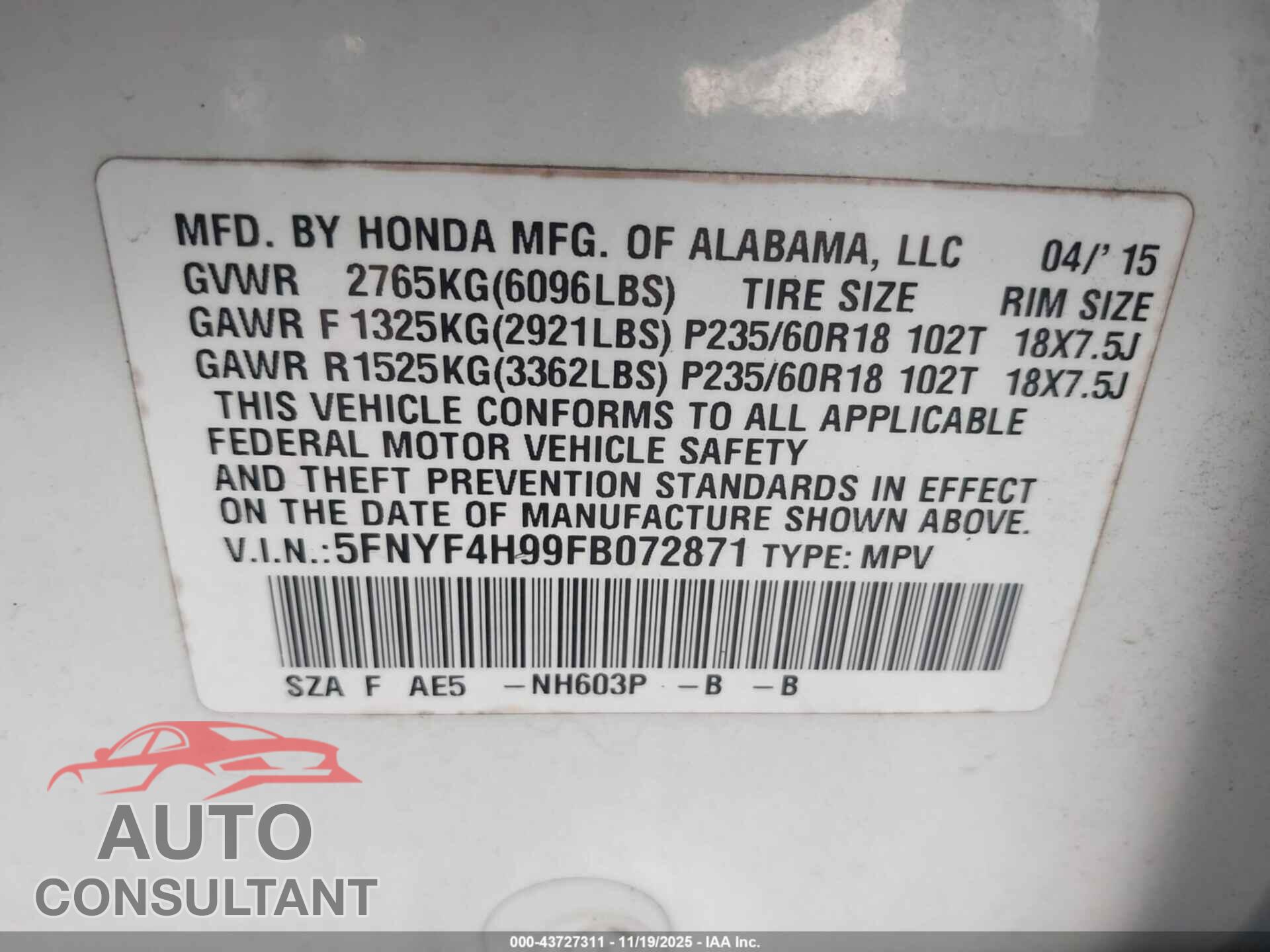 HONDA PILOT 2015 - 5FNYF4H99FB072871