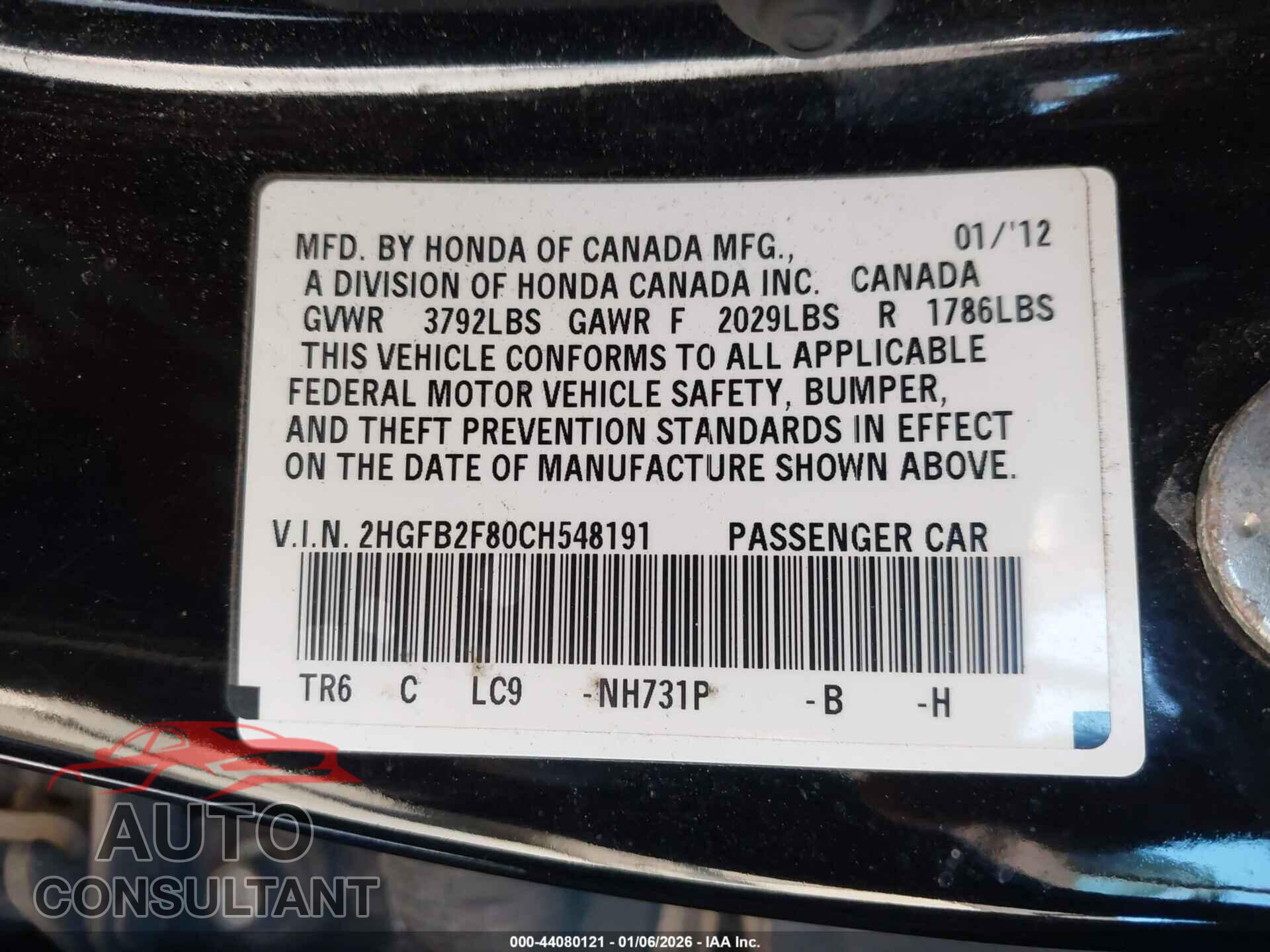 HONDA CIVIC 2012 - 2HGFB2F80CH548191