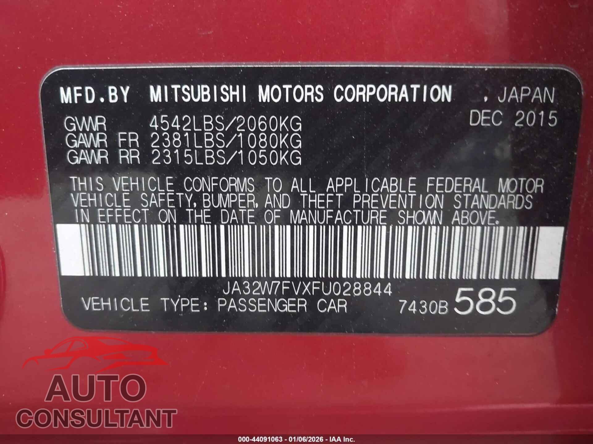 MITSUBISHI LANCER EVOLUTION 2015 - JA32W7FVXFU028844