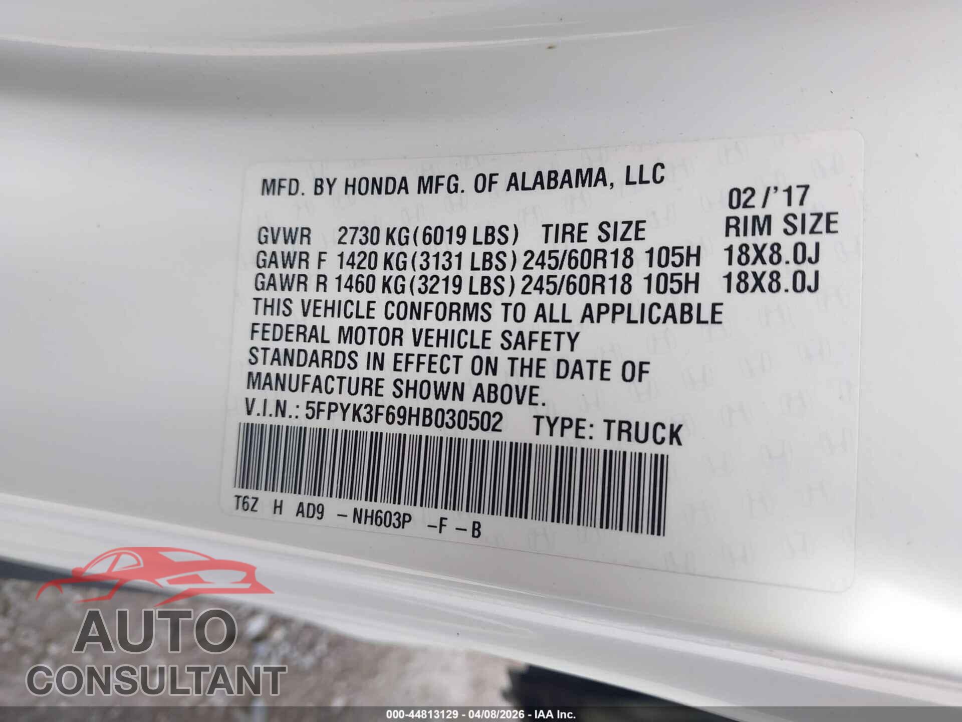 HONDA RIDGELINE 2017 - 5FPYK3F69HB030502