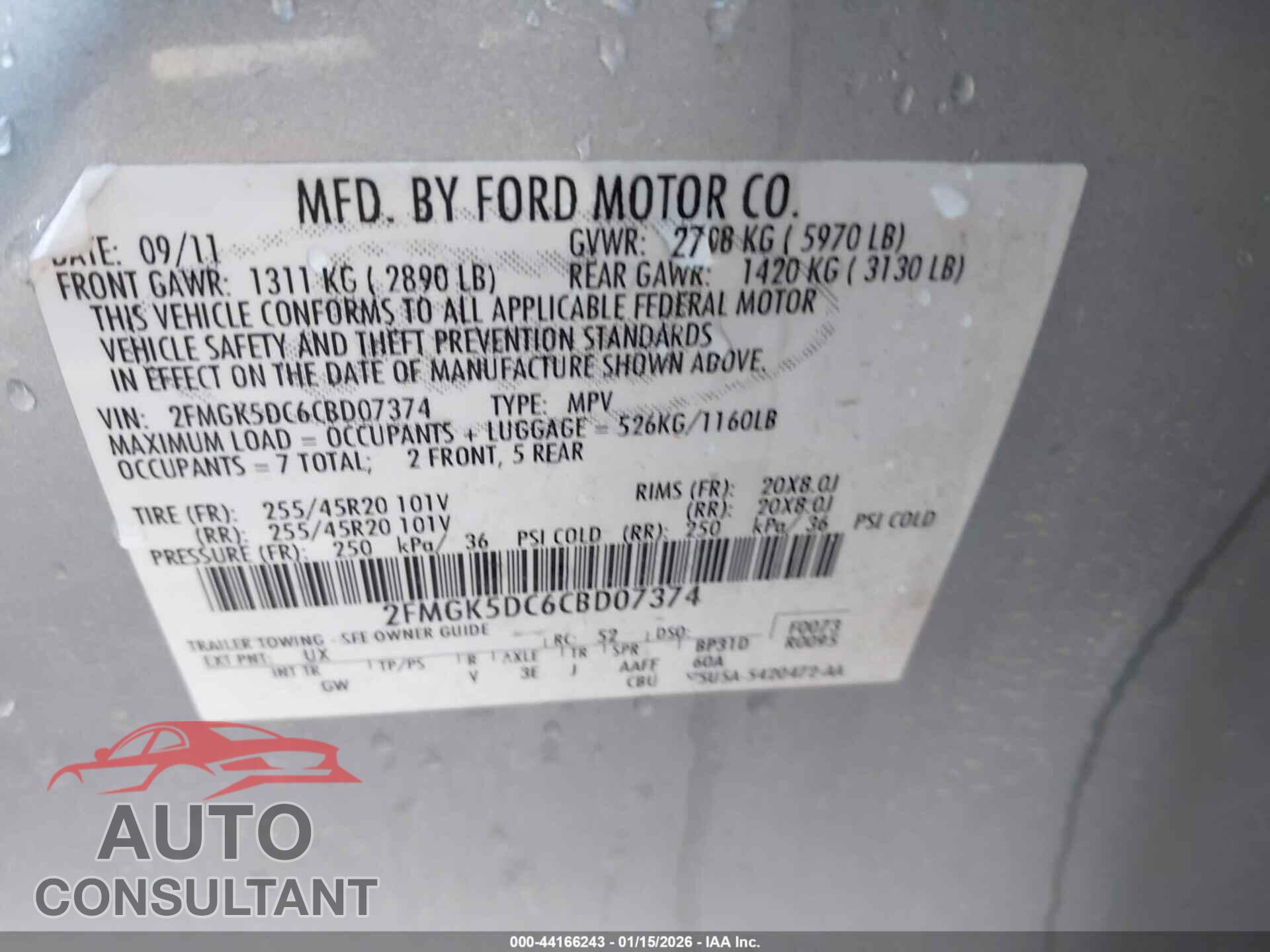 FORD FLEX 2012 - 2FMGK5DC6CBD07374