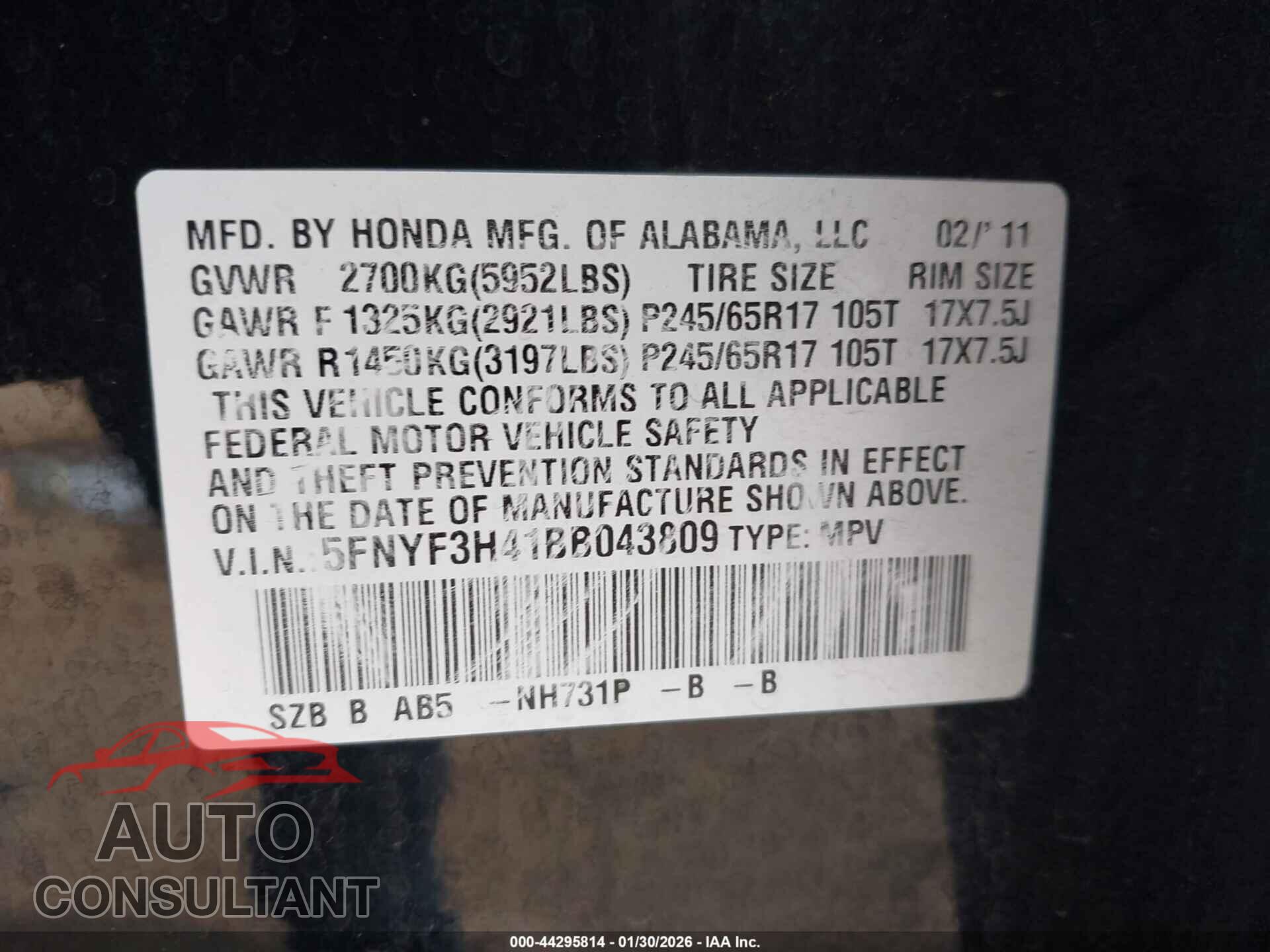 HONDA PILOT 2011 - 5FNYF3H41BB043809