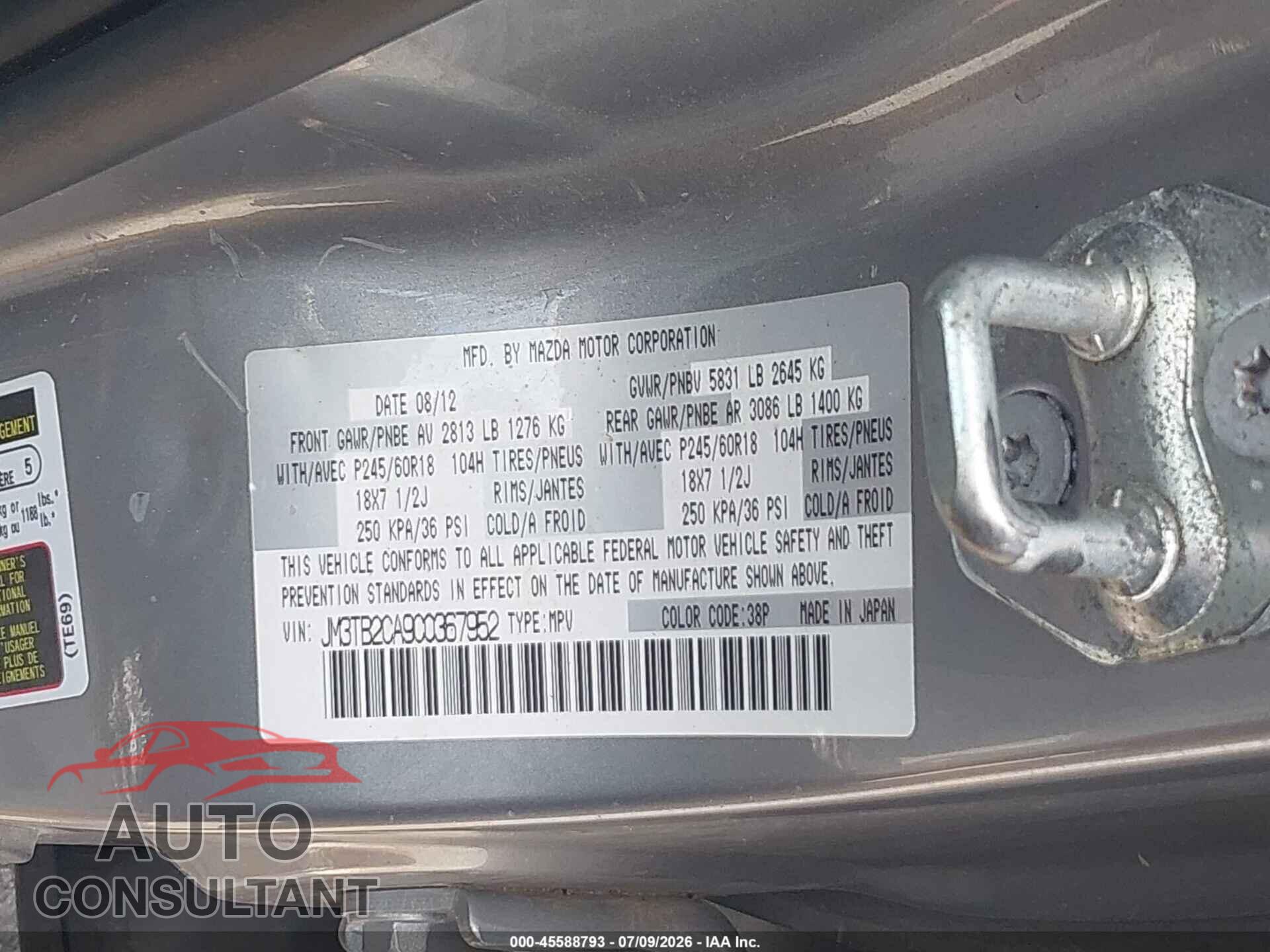 MAZDA CX-9 2012 - JM3TB2CA9C0367952