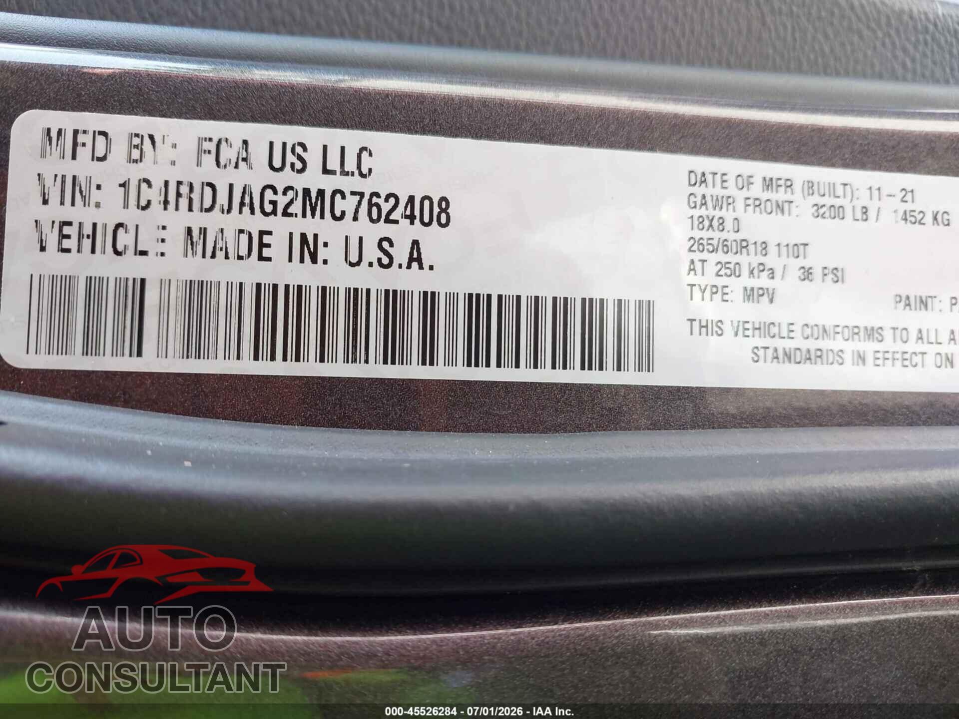 DODGE DURANGO 2021 - 1C4RDJAG2MC762408
