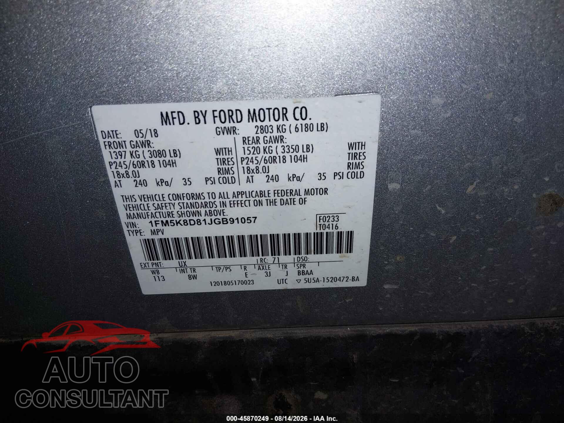 FORD EXPLORER 2018 - 1FM5K8D81JGB91057