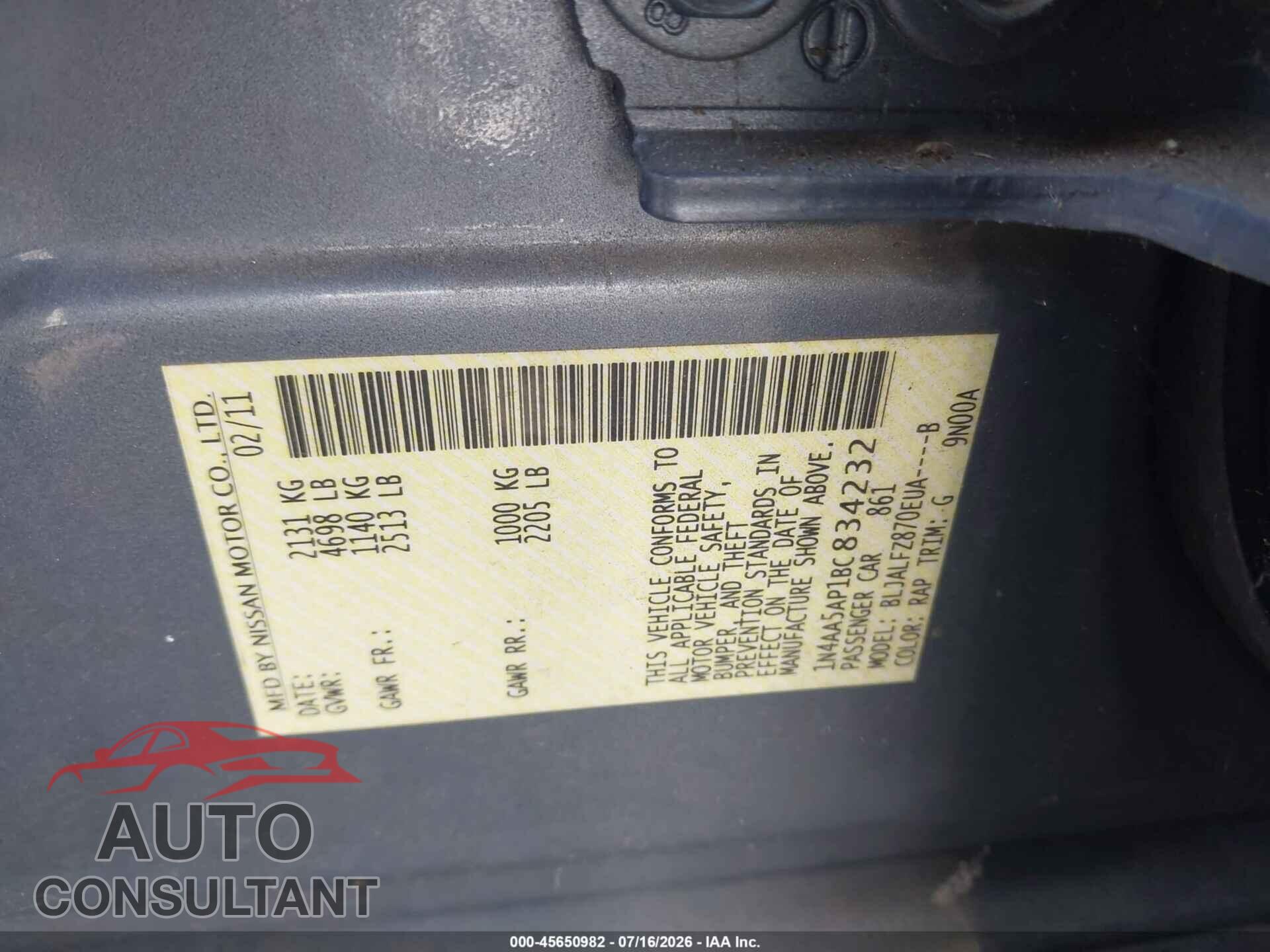 NISSAN MAXIMA 2011 - 1N4AA5AP1BC834232