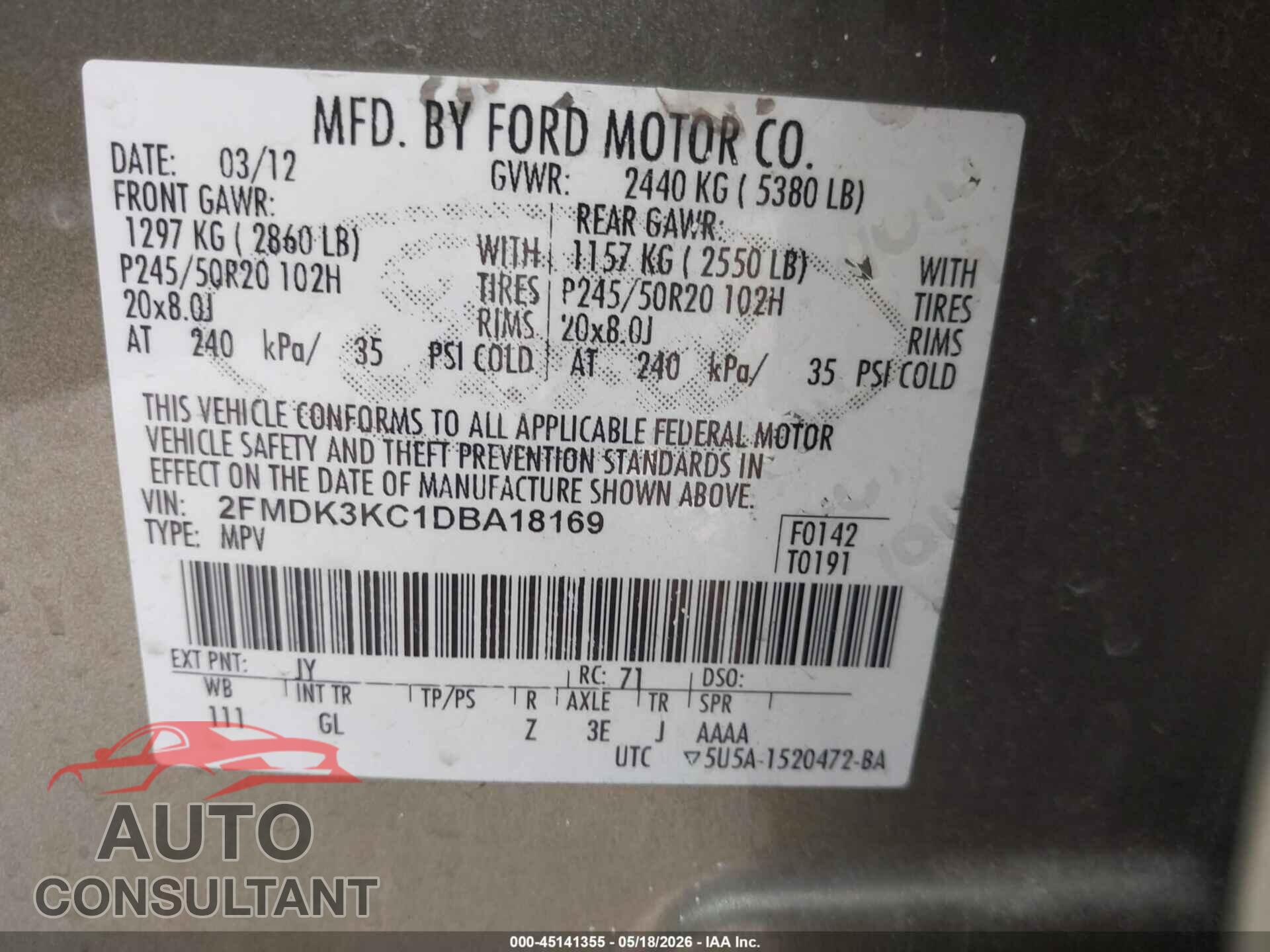 FORD EDGE 2013 - 2FMDK3KC1DBA18169