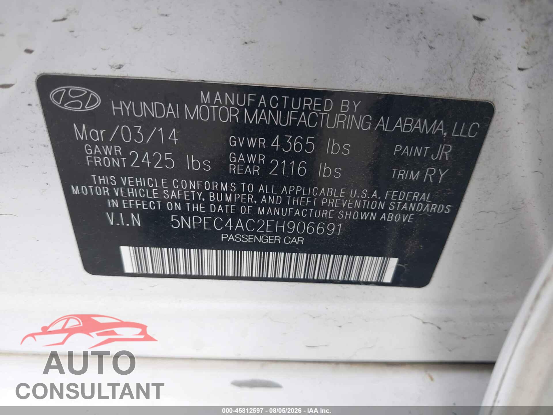 HYUNDAI SONATA 2014 - 5NPEC4AC2EH906691