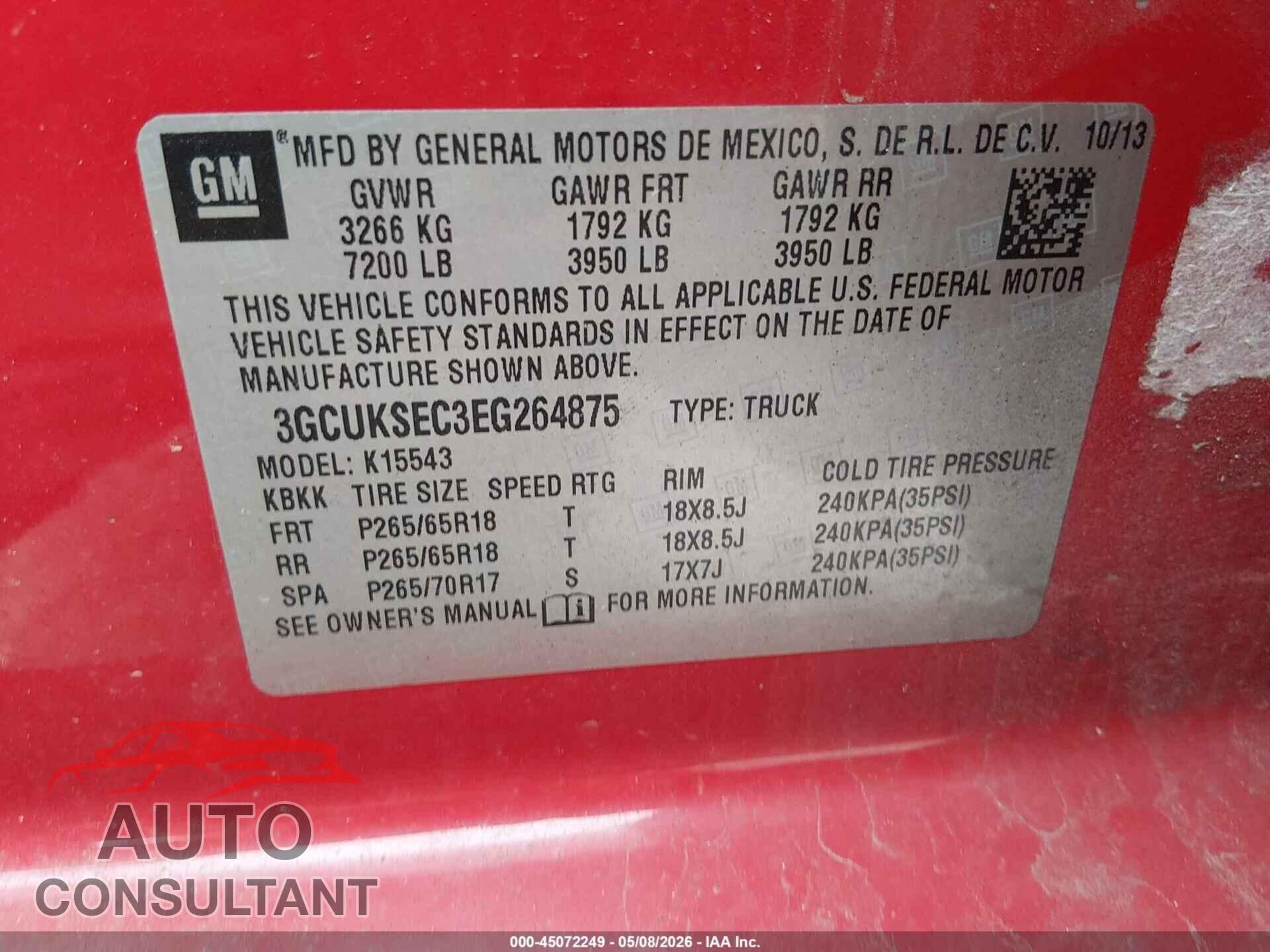 CHEVROLET SILVERADO 1500 2014 - 3GCUKSEC3EG264875