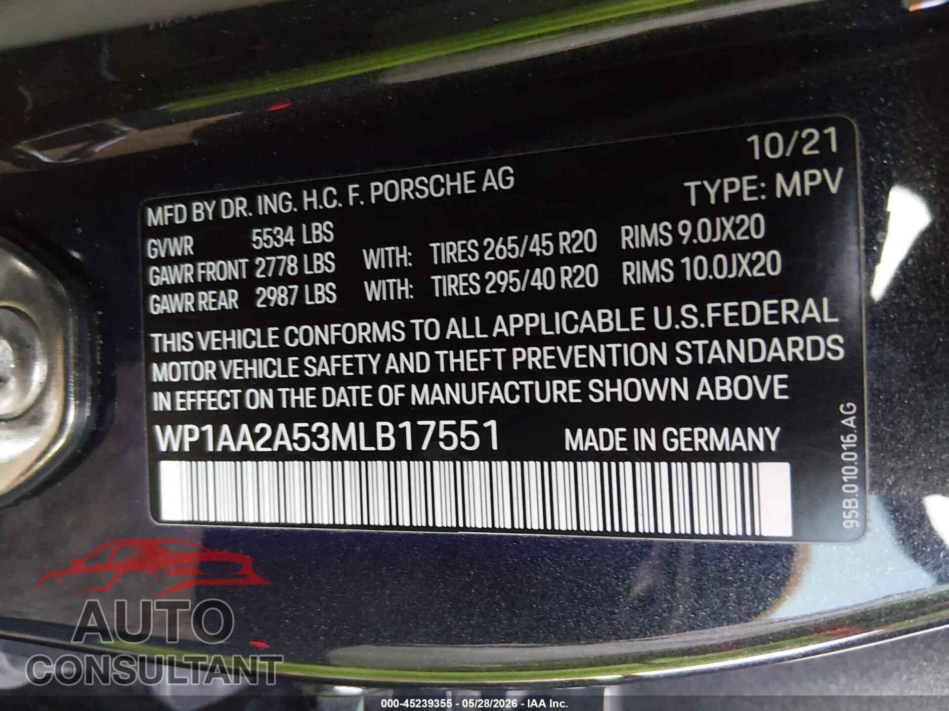 PORSCHE MACAN 2021 - WP1AA2A53MLB17551