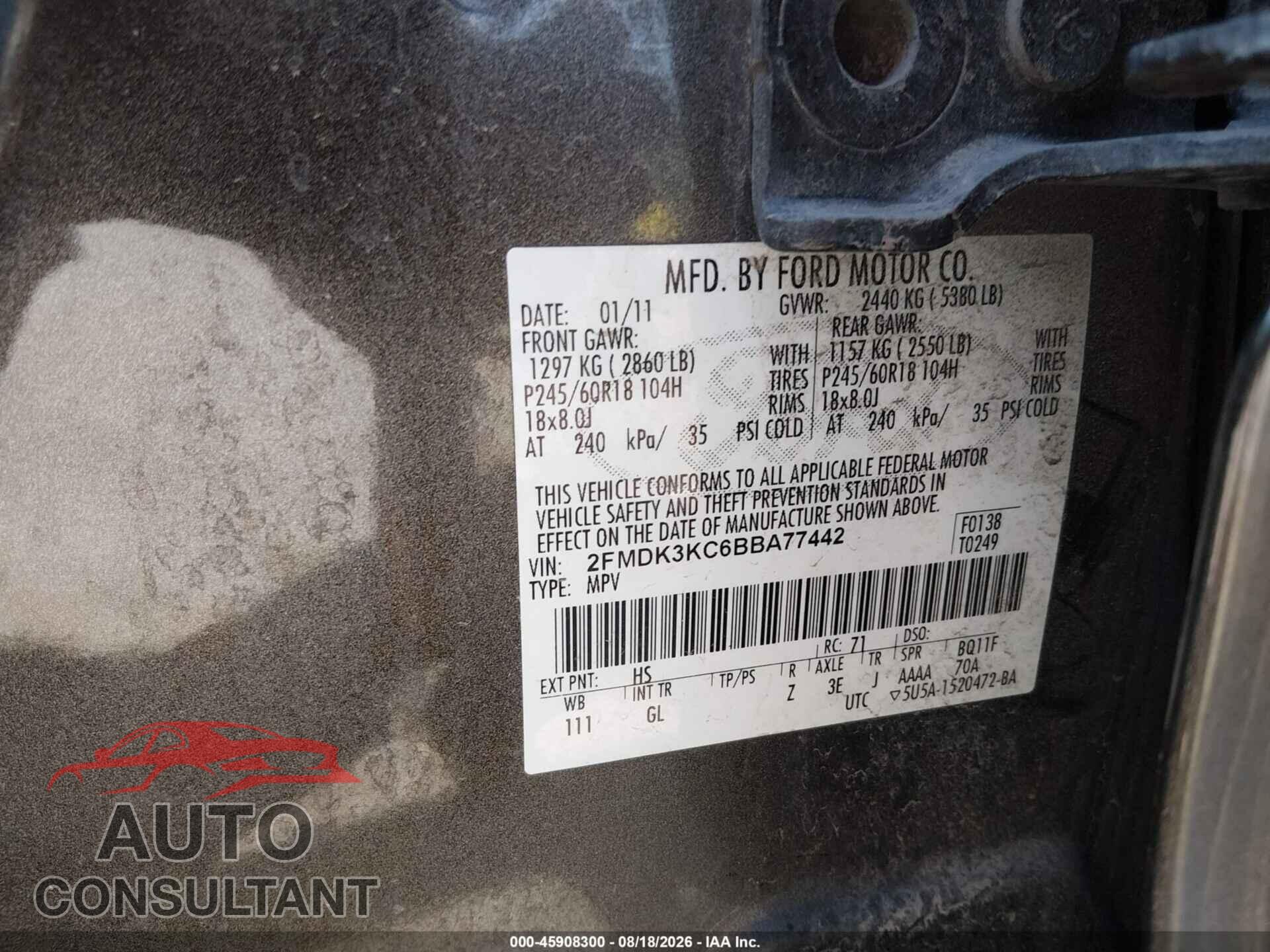 FORD EDGE 2011 - 2FMDK3KC6BBA77442