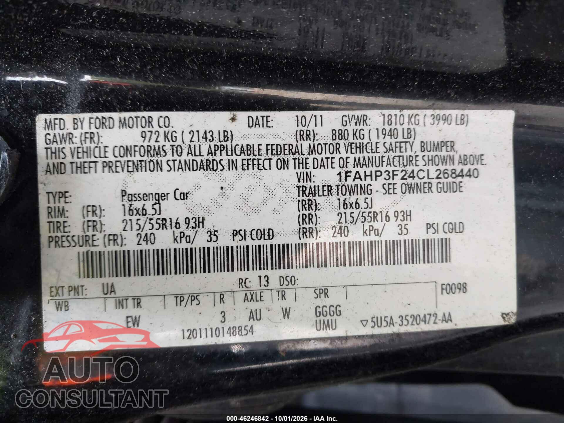 FORD FOCUS 2012 - 1FAHP3F24CL268440